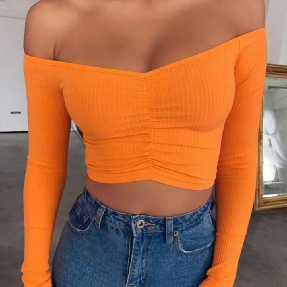 Sweetheart Crop Top NWT Orange Off Shoulder Ribbed 3/4 Sleeve Boutique Sexy